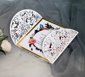 Elegant laser cut floral invitation card with white hollow rose cover and inner page