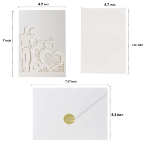 Detail view of wedding invitation set dimensions with laser cut Mr & Mrs heart pattern