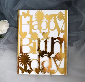 Detailed laser-cut gold mirror Happy Birthday card featuring sunflowers and butterflies