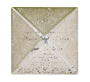 Champagne glitter square laser-cut wedding invitation envelope with floral inner card