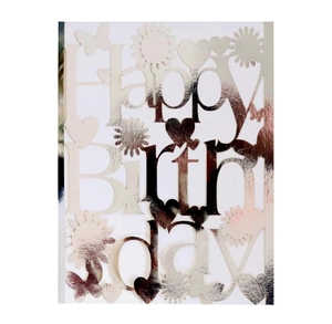 Rose gold Happy Birthday topper with laser-cut butterfly and sunflower design