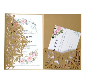 European Laser Cut Wedding Invitation Artificial Pearl Paper Hollow Floral Design With Envelope RSVP Card For Wedding Party Banquet