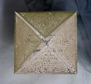 Laser cut gold glitter hollow floral wedding invitation with elegant text insert card