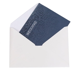 Laser cut navy blue wedding invitation with rose pattern and white envelope set