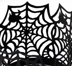 Halloween spider web lampshade with laser-cut witch and bat silhouette patterns
