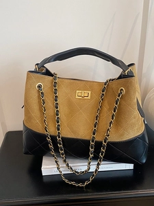 Vintage Patchwork PU Leather Quilted Crossbody Bag For Women Large Capacity Suede Shoulder Bag With Gold Chain Strap Work