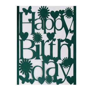 Detailed laser-cut Happy Birthday card featuring green heart and floral butterfly patterns