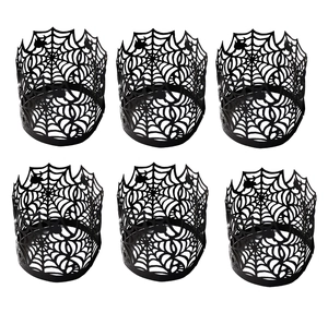 Set of 6 black Halloween spider web cutout lace paper wraps for LED tea light candles