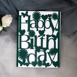 Laser-cut dark green Happy Birthday card with intricate sunflower and butterfly motifs