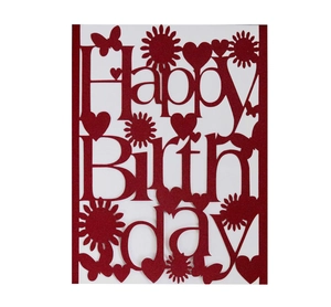 Laser-cut red Happy Birthday card with butterfly and floral patterns on white background