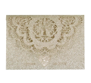 Champagne gold glitter wedding invitation with laser-cut lace and heart motif