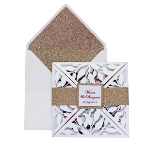 Laser cut leaf wedding invitation set with rose gold glitter liner and custom belly band