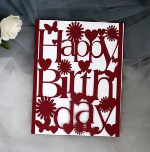 Laser-cut red Happy Birthday card with intricate sunflower and butterfly hollow details