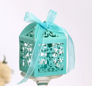 Detail of laser-cut vine patterns on Tiffany blue candy box with satin ribbon bow