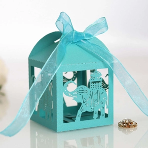 Détail boîte cadeau laser éléphant bleu sarcelle avec ruban organza et strass brillant