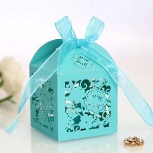 Teal laser-cut floral wedding favor box with ribbon bow for candy or jewelry gifts