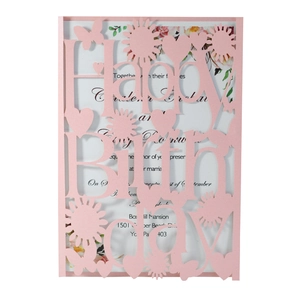 Laser-cut pink Happy Birthday card with floral patterns and gold reflective details