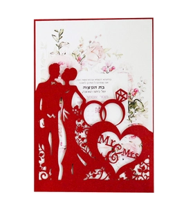 Laser cut red glitter wedding invitation with Mr & Mrs heart and floral inner card