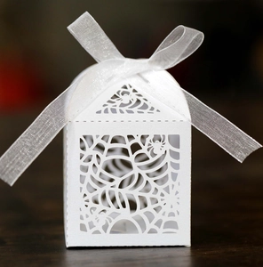 Macro shot of laser-cut spider web pattern on white cardstock Halloween candy gift box