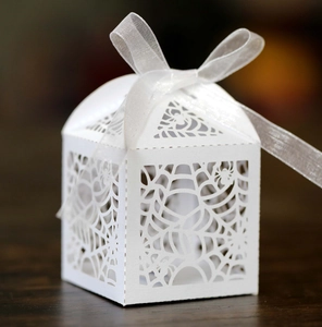 Macro shot of white laser-cut spider web candy box with elegant ribbon bow for Halloween