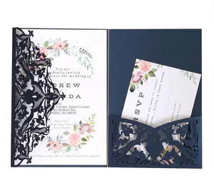 Elegant navy blue laser-cut wedding invitation set with floral card and RSVP card