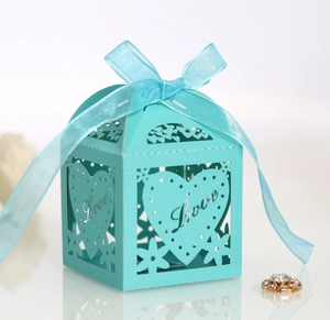 Light blue laser cut hollow heart wedding favor box with Love script and satin ribbon