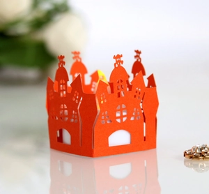 Laser-cut orange paper lampshade with Halloween castle and skull hollowed-out patterns