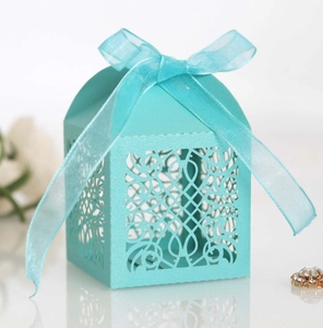 Macro detail of laser-cut Tiffany blue wedding favor box with ornate European lace pattern