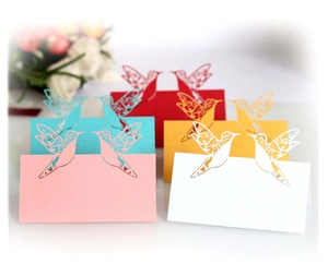 Laser cut love bird place cards in multiple colors for wedding party table decor