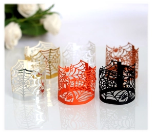 Halloween spider web laser cut paper candle wraps in assorted metallic colors