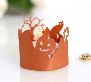 Orange glitter Halloween LED tea light with pumpkin and cat silhouette hollow paper shade