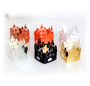 Laser cut castle paper candle covers in gold silver and black for Halloween tea lights