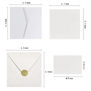 Square wedding invitation set with white envelopes in various sizes and gold invitation seals
