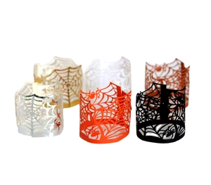 Spider web laser cut candle wraps for Halloween in silver gold orange red and black