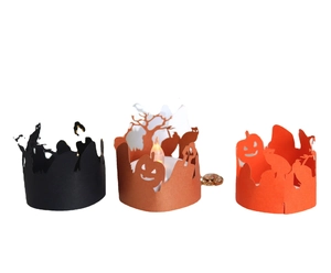 Set of three Halloween paper lanterns with pumpkin, bat, and cat laser-cut designs