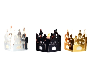 Three hollow gothic castle tea light wraps in gold, silver, and black laser-cut paper