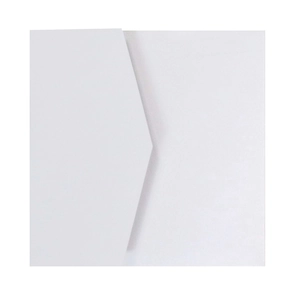 Detailed top view of a white square envelope featuring a minimalist V-flap closure design