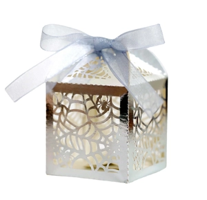 Silver laser-cut spider web hollow candy box with light blue ribbon for Halloween
