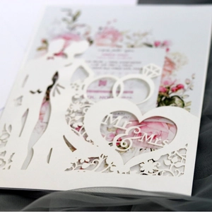 Laser cut wedding invitation card with Mr & Mrs text, heart design and diamond ring motif