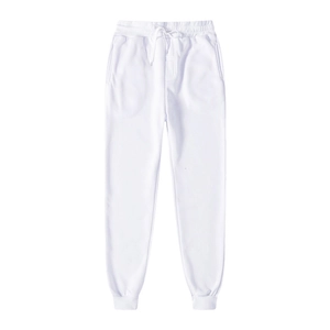 Detail of white cotton joggers featuring elastic drawstring waist and side pockets