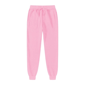 Detailed view of pink joggers featuring elastic waistband with drawstring and ribbed cuffs