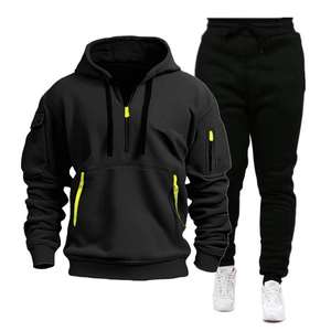 Men Thickened Multi-pocket Hooded Sweatshirt And Sweatpants Sportswear Tracksuit Set Top And Bottom For Winter Thermal Outwear