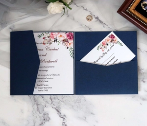 Detail of navy blue pocket wedding invitation with watercolor floral cards and RSVP set