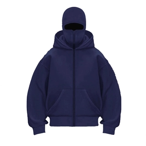 Détail d'un sweat à capuche bleu foncé double couche avec masque balaclava intégré