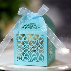 European laser-cut hollow blue wedding candy gift box with elegant ribbon and bow