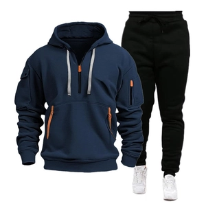 Men's navy hooded tracksuit set with multi-pocket half-zip hoodie and black joggers