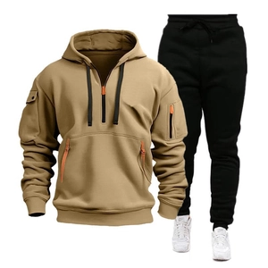 Men's outdoor sports hoodie set with half-zip sweatshirt and black tactical cargo jogger