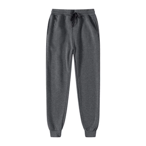 Detail of dark grey heather joggers showing elastic drawstring waist and side pockets
