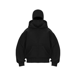 Men Street Style Integrated Balaclava Mask Full Zip Hoodie Long Sleeve Loose Plain Polyester Sweatshirt With Pocket Casual Fashion Top