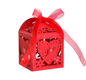 Laser-cut red heart gift box with Love lettering and red organza ribbon for candy